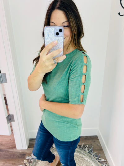 Dusty Sage Knit Top with Sleeve Detail - Rose Grace Boutique 