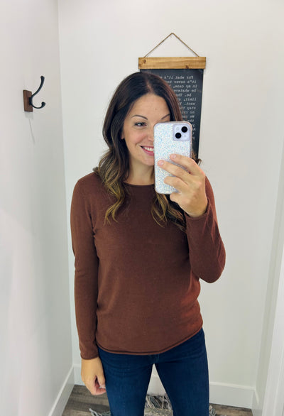 Dark Brown Round Neck Sweater - Rose Grace Boutique 