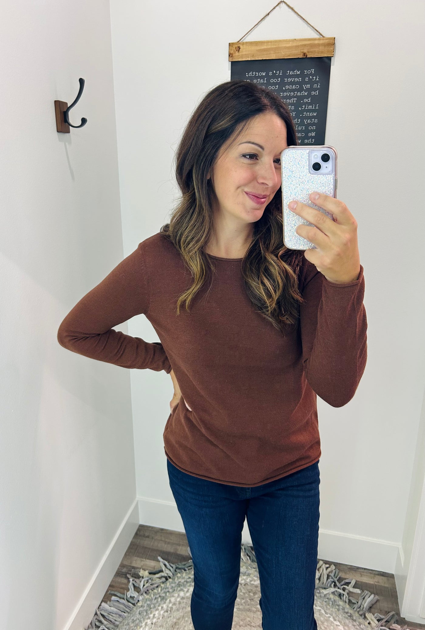 Dark Brown Round Neck Sweater - Rose Grace Boutique 