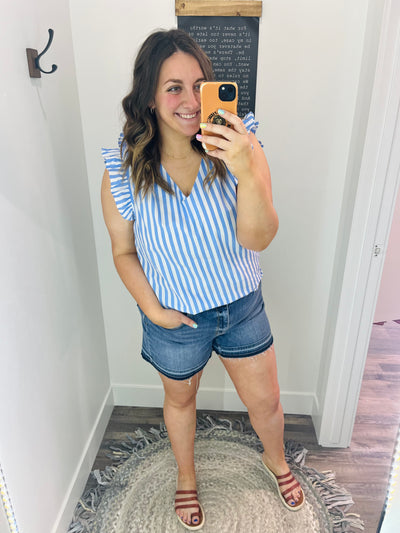 Blue Ruffle Edge Stripe V Neck Top - Rose Grace Boutique 