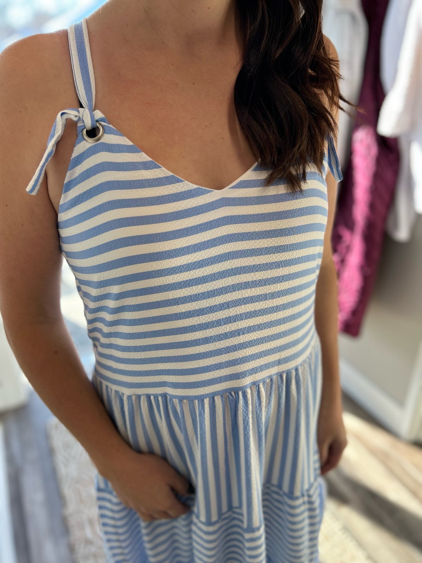 Blue V-Neck Tie Shoulder Maxi Dress - Rose Grace Boutique 
