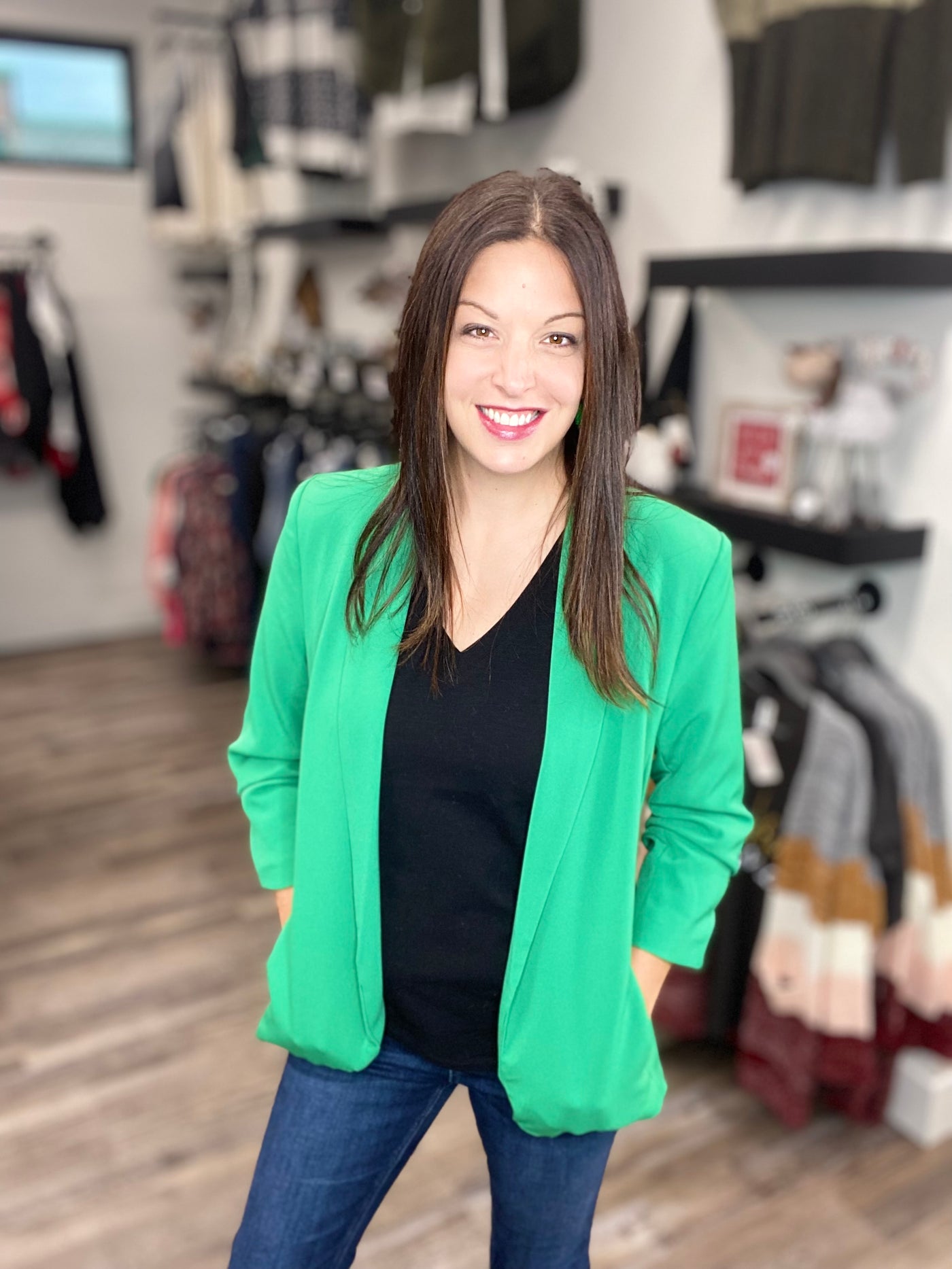 Kelly Green Ruched Sleeve Blazer with Pockets - Rose Grace Boutique 