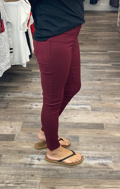 Wine Mid Rise Hyperstretch Skinny Jeggings - Rose Grace Boutique 