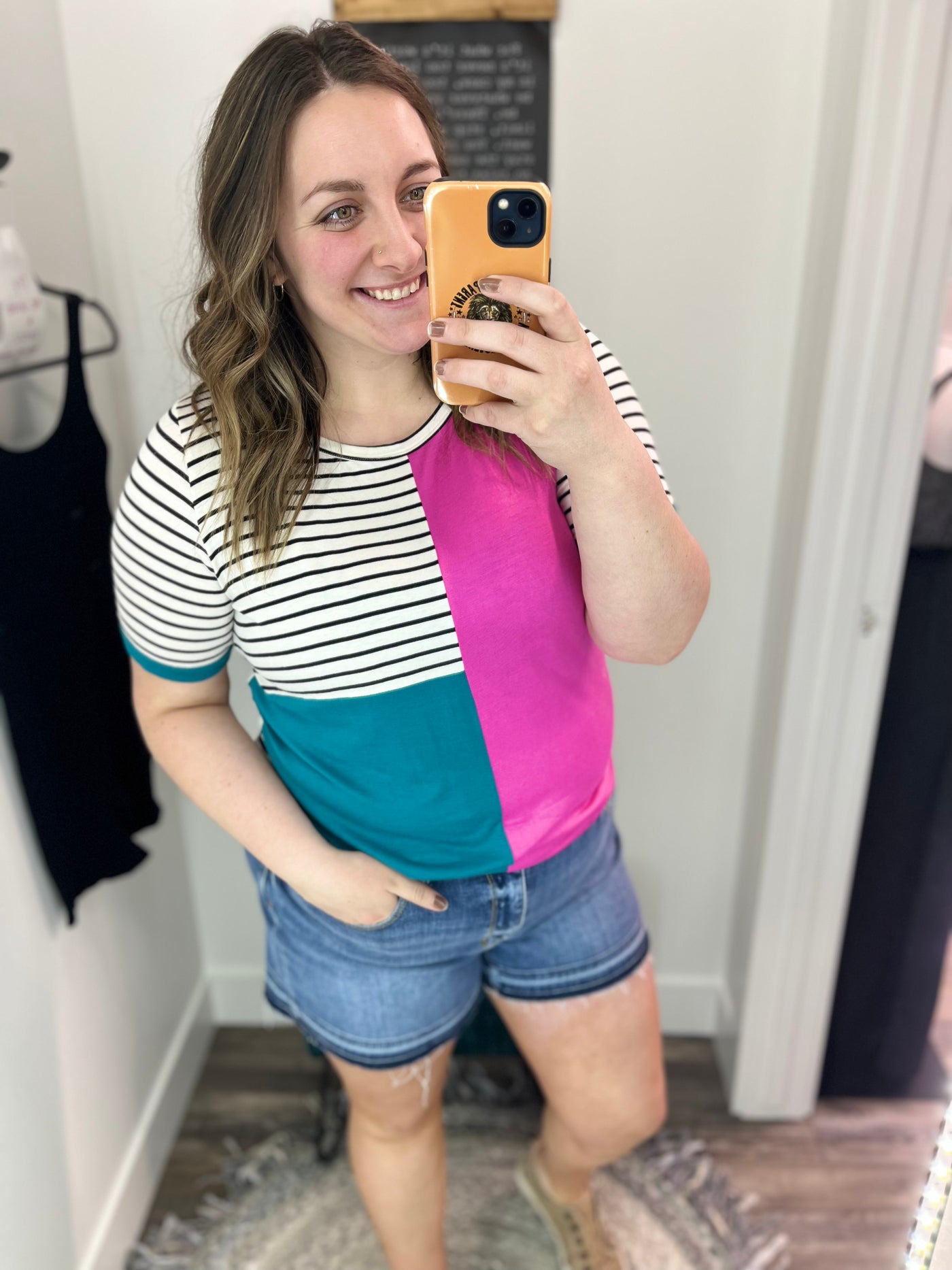 Fuchsia & Jade Color Block Short Sleeve Top - Rose Grace Boutique 