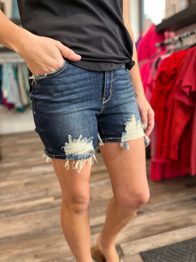 Cody Dark Wash Frayed Hem Judy Blue Denim Shorts - Rose Grace Boutique 