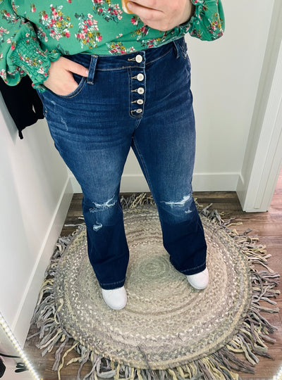 Blaire Dark Wash Mid Rise Distressed Flare KanCan Jeans - Rose Grace Boutique 