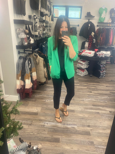 Kelly Green Ruched Sleeve Blazer with Pockets - Rose Grace Boutique 
