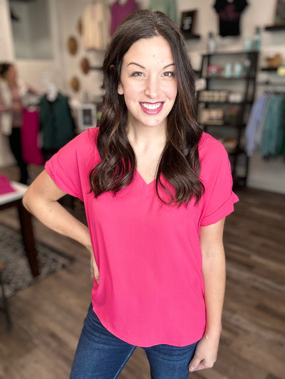 Hot Pink Lacy Short Sleeve Top - Rose Grace Boutique 